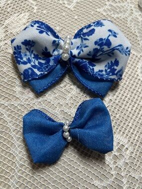 Blue Floral & Solid Bow Hair Clips with Pearl Center